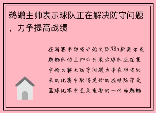 鹈鹕主帅表示球队正在解决防守问题，力争提高战绩