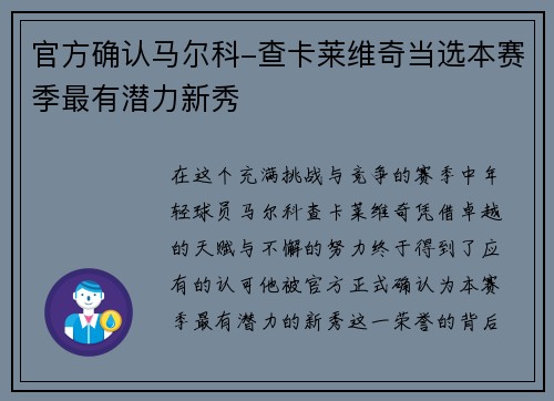 官方确认马尔科-查卡莱维奇当选本赛季最有潜力新秀