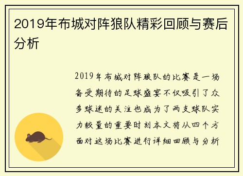 2019年布城对阵狼队精彩回顾与赛后分析
