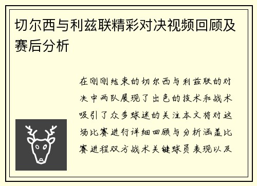 切尔西与利兹联精彩对决视频回顾及赛后分析